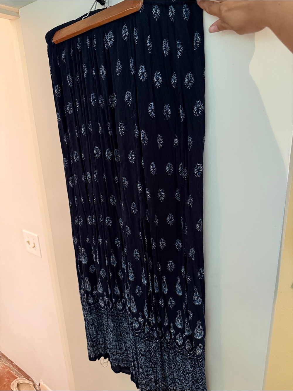 Navy Blue Printed Pleated Maxi Skirt